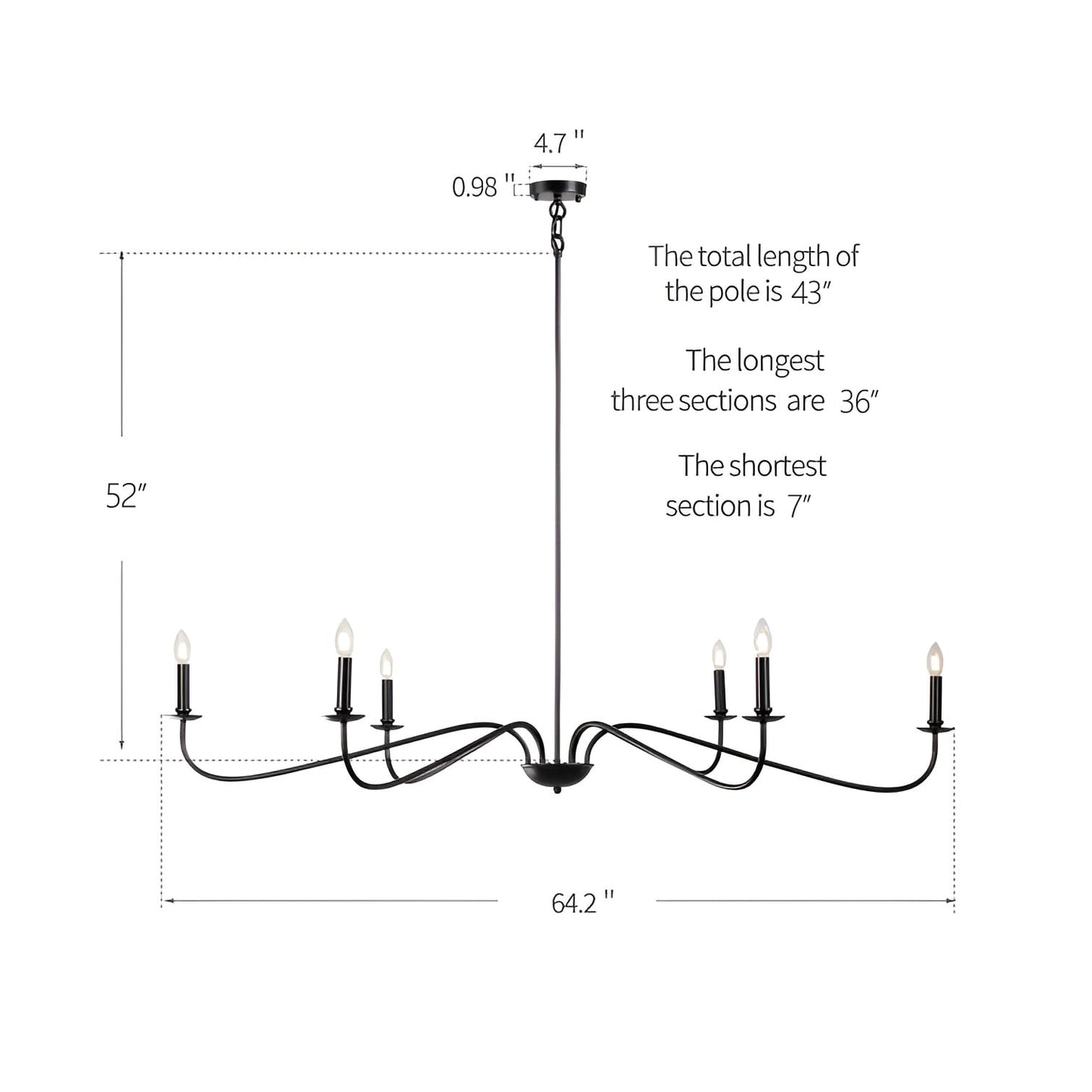 Lustre minimaliste à 6 lumières de 162,5 cm (64 pouces) en noir mat/or/chrome - Non disponible