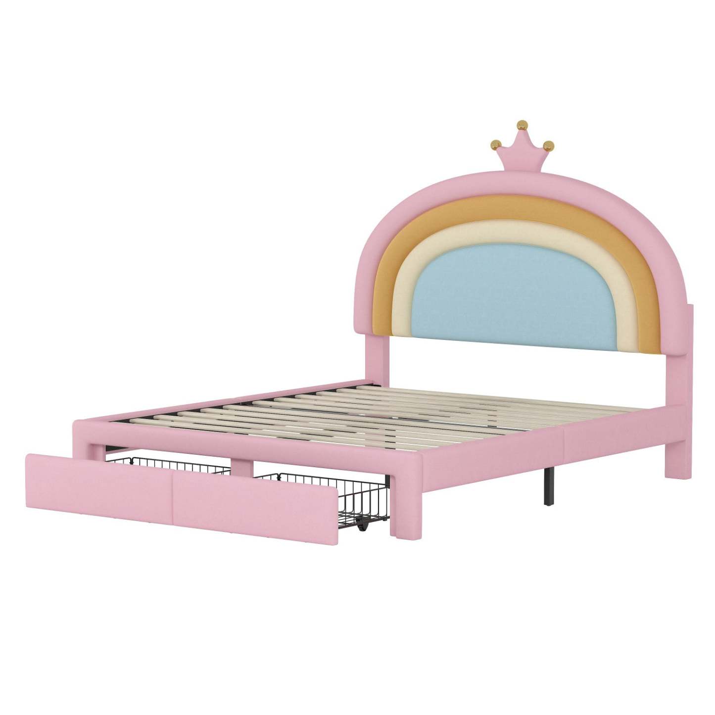 Maggie Upholstered Rainbow Princess Bed With Storage Drawer And Velvet Platform Frame,full Size,pink Full Bed | Lit Princesse Arc-en-ciel Maggie Tapisse Avec Tiroir De Rangement Et Cadre Plateforme En Velours, Taille Full, Rose