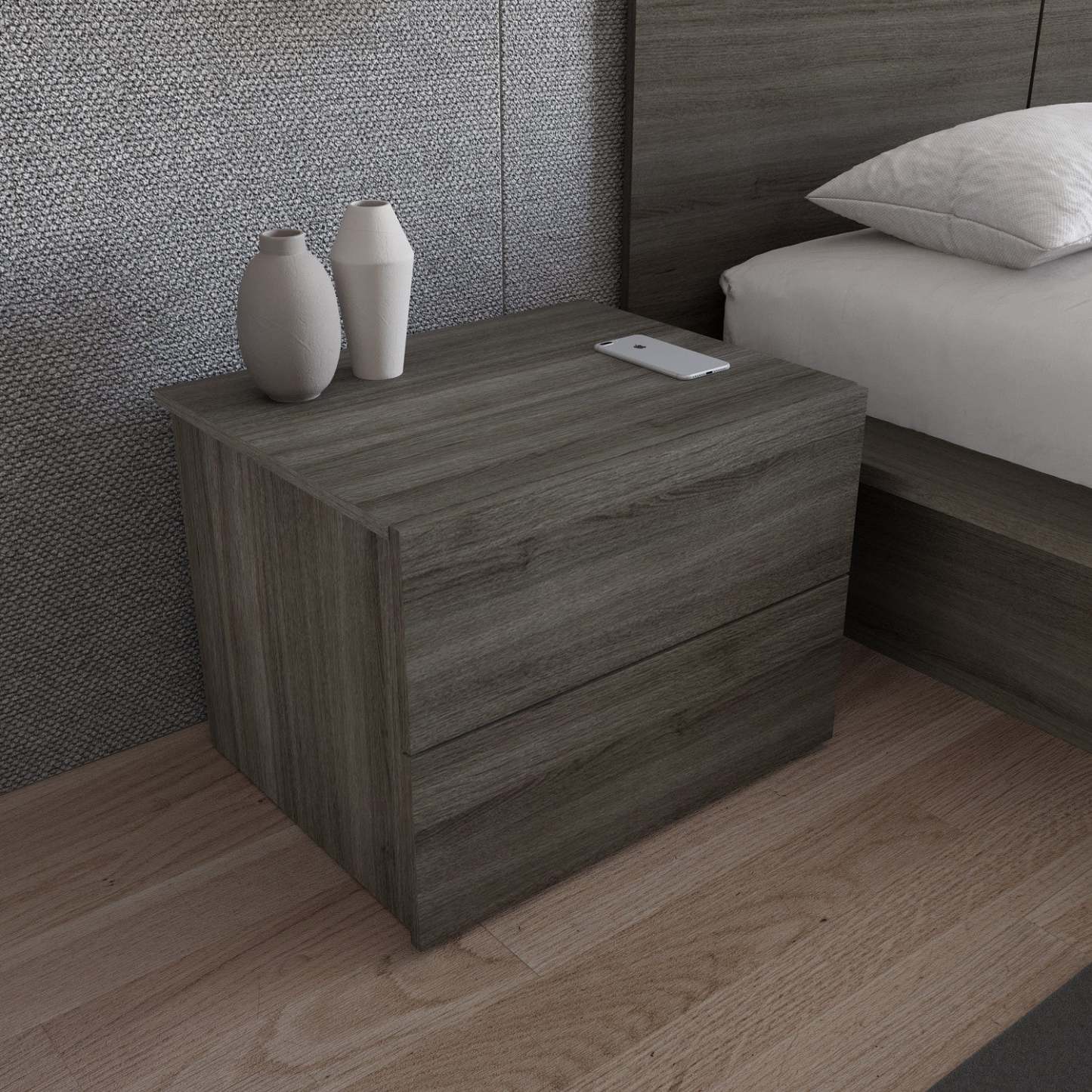 Nordika James Nightstand with 2-Drawers - Grey Oak|Table de nuit James Nordika à 2 tiroirs - chêne gris