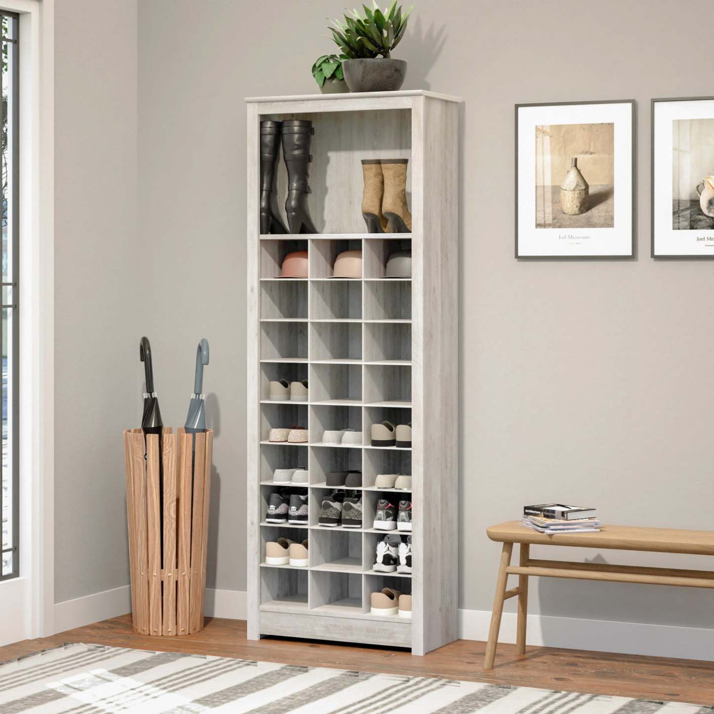 Rustic Ridge Farmhouse Shoe Storage Cabinet - Washed White|Armoire de rangement pour chaussures Rustic Ridge champêtre - blanc vieilli