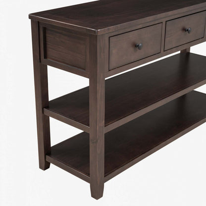 Wendy Table console en bois massif avec 3 tiroirs et 2 étagères ouvertes, armoire d'appoint expresso | Console Wendy En Bois Massif Avec 3 Tiroirs Et 2 Etageres Ouvertes, Espresso