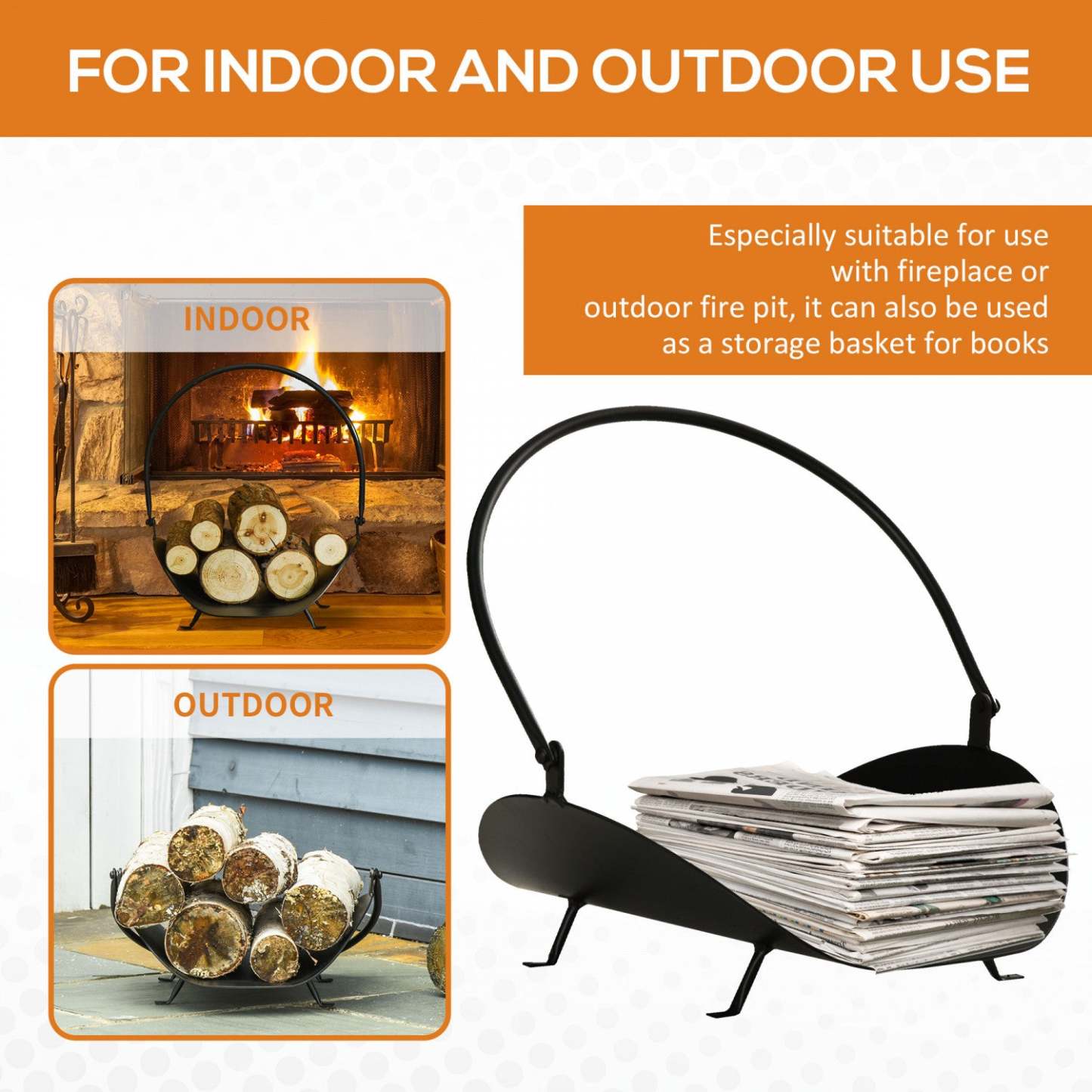 Outsunny 16 Porte-bûches De Bois De Chauffage Porte-bûches De Cheminée Courbé Porte-panier De Rangement En Bois Avec Poignée, |Outsunny 16 Porte-buches De Cheminee Incurve Porte-buches De Cheminee Porte-panier De Rangement En