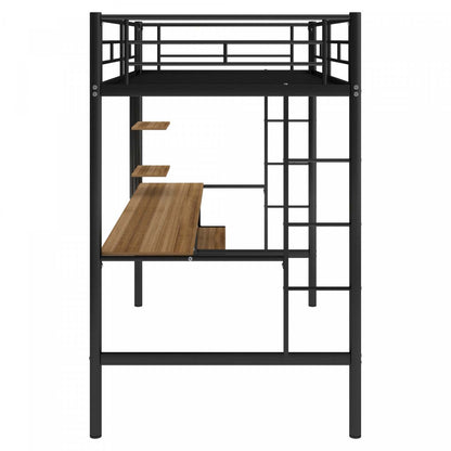 Lit mezzanine simple en métal Andy avec bureau et éclairage LED - Noir | Andy – Lit mezzanine simple en métal avec bureau et éclairage LED, design gain de place – Noir