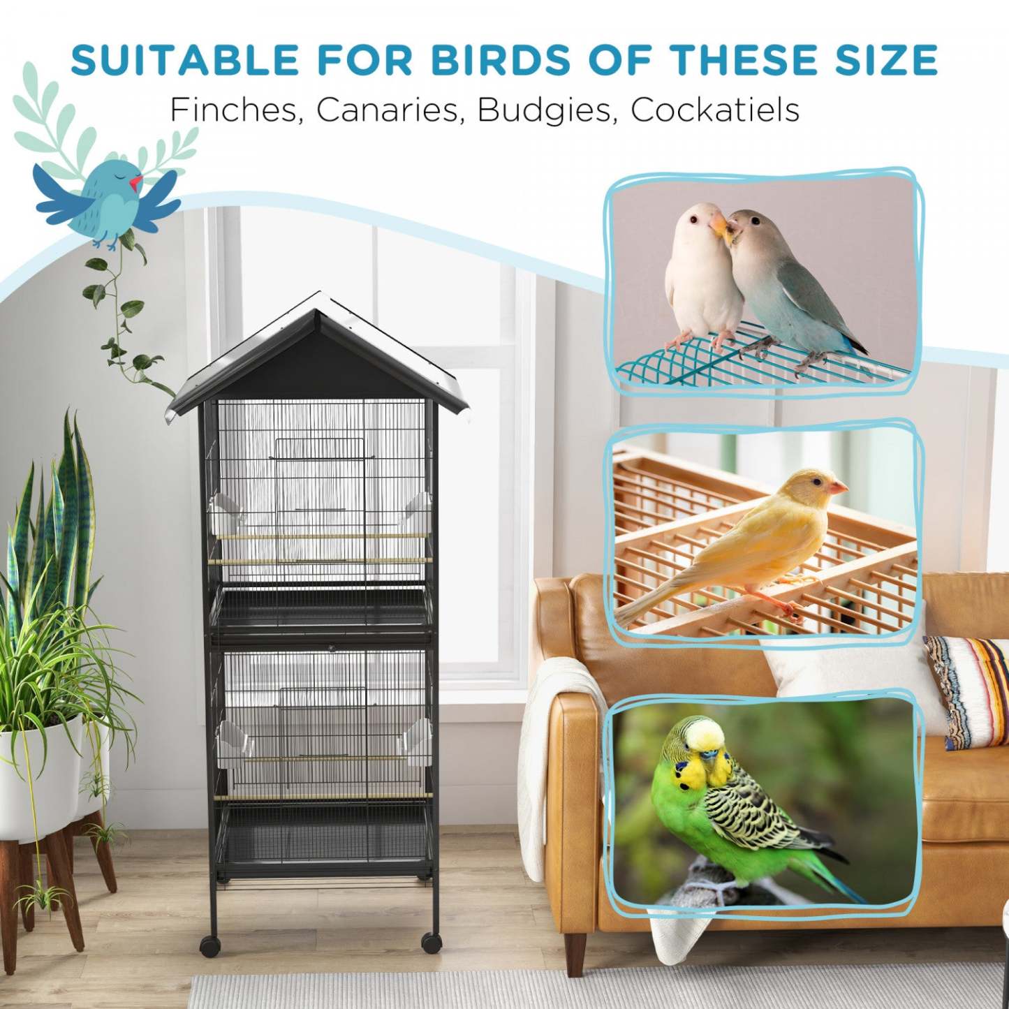 Pawhut Cage A Oiseaux En Metal Forge Avec Support Roulant, Conteneurs Alimentaires Portes Roues 67 H