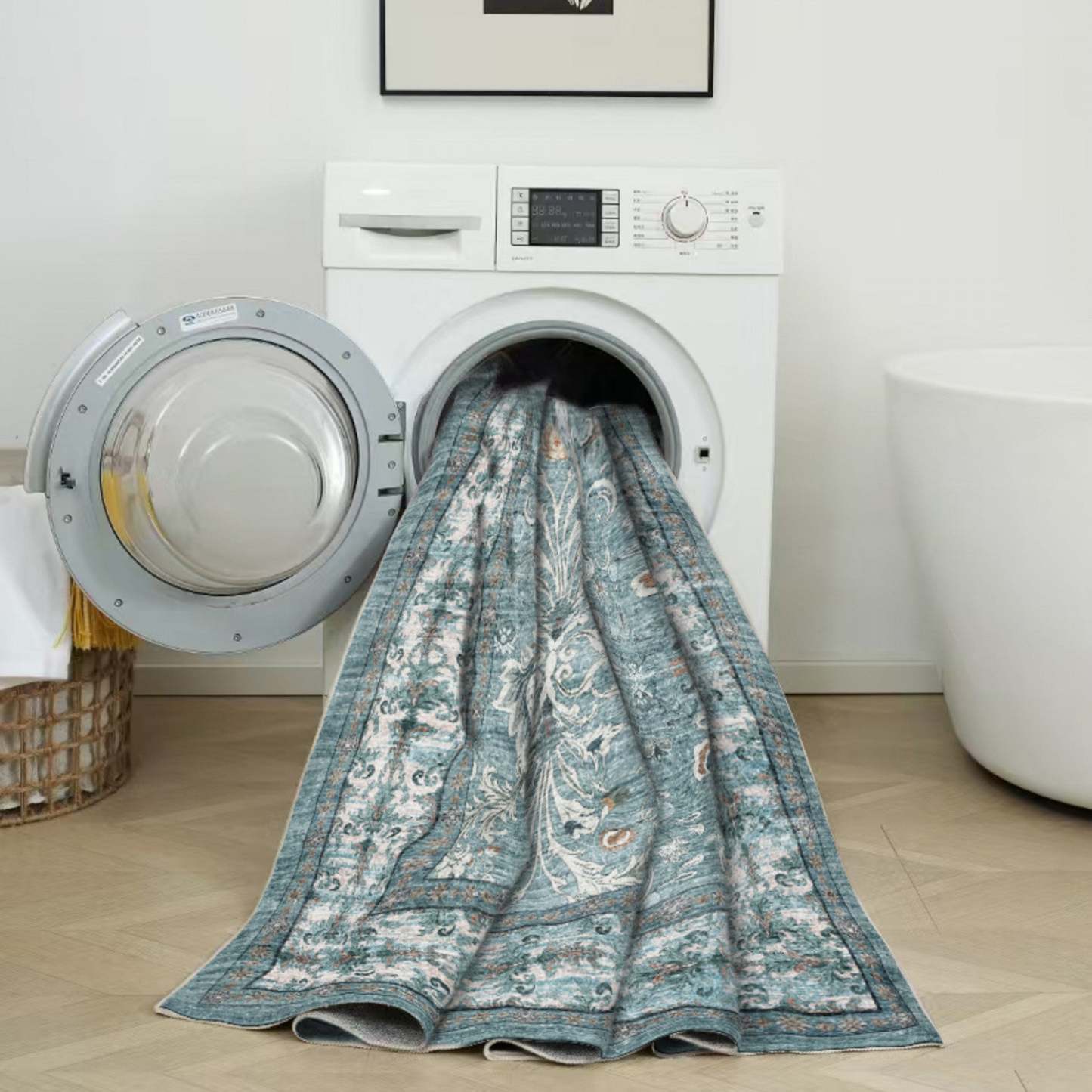 Aqua Green Flora Tapis lavable antidérapant à poils courts 5' x 7' | Tapis Vert Floral Lavable Antidérapant à Poils Ras 5'x7'