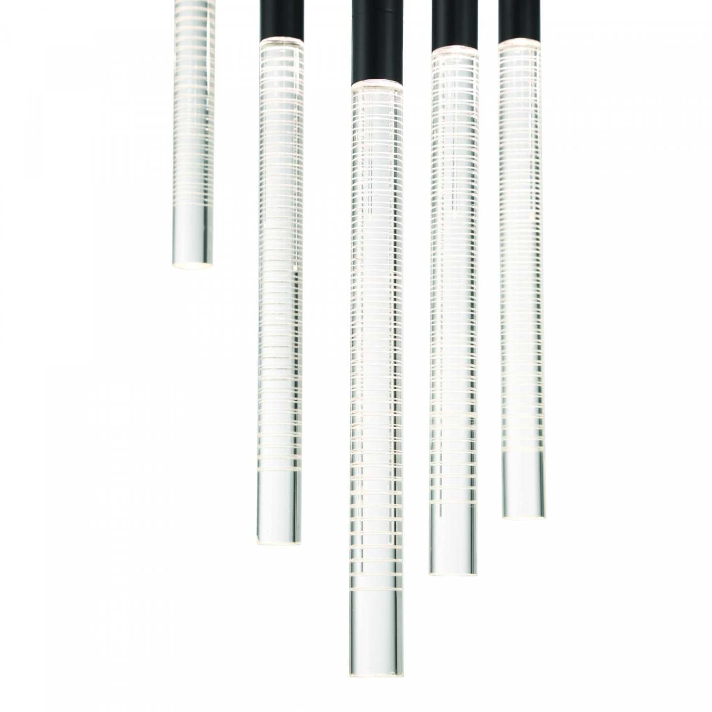 Celine 13 Lustre LED Intégré, Noir Avec Tiges En Verre Rayées Au Laser | Lustre A 13 lampes A Del Integree Celine, Noir Avec Tiges En Verre Rayées Au Laser