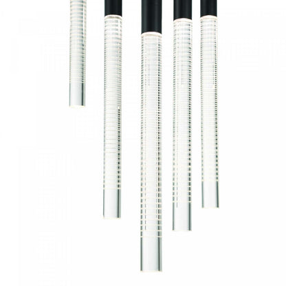 Celine 13 Lustre LED Intégré, Noir Avec Tiges En Verre Rayées Au Laser | Lustre A 13 lampes A Del Integree Celine, Noir Avec Tiges En Verre Rayées Au Laser