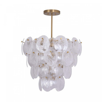 Lustre A 13 lampes Lily, Laiton Brosse Et Verre Genre Murano Blanc Vaporeux