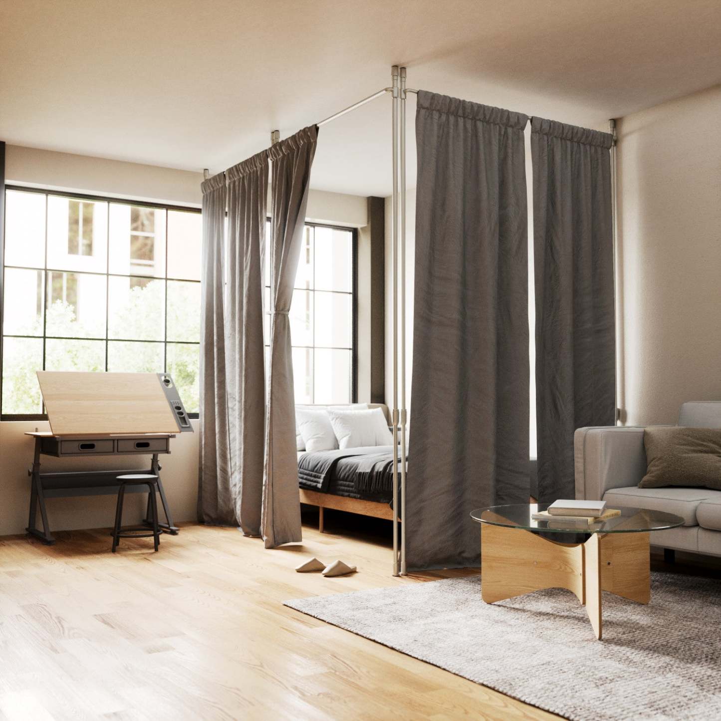 Tringle à rideau extensible et séparateur de pièce Anywhere en nickel métallique d'Umbra - 36-66 | Tringle à rideaux et séparateur de pièce extensible Anywhere de Umbra nickel métallique - 36 po à 66 po