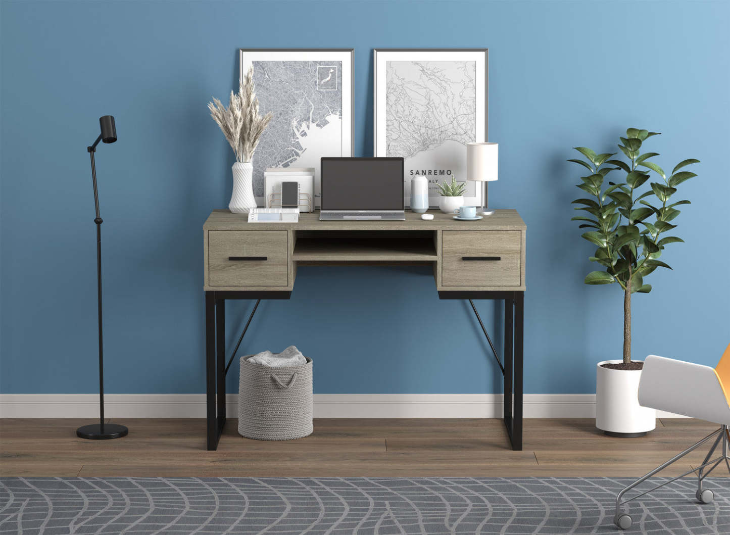 Bureau d'ordinateur 43" avec 2 tiroirs et 1 tablette - Taupe foncé avec base en métal noir | Bureau d'ordinateur de 43 po avec 2 tiroirs et 1 tablette - taupe foncé avec base en métal noir