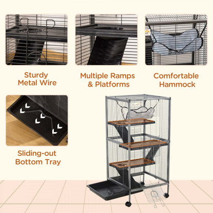 Pawhut Cage à Roulettes 4 Niveaux pour Petits Animaux, Maison de Jeu pour Animaux de Compagnie avec Hamac | Cage Portable pour Petits Animaux avec 2 Portes, Hamac Métal Pp 52 X 52 X 113,5 Cm Gris