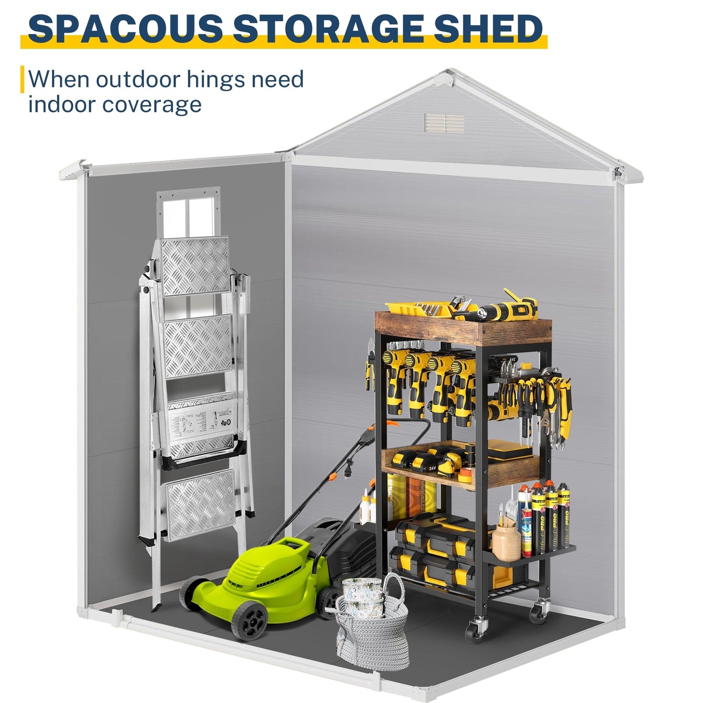 Abri de jardin en résine plastique tout temps avec plancher, dimensions : 1,83 m x 1,22 m / 1,83 m x 2,44 m / 2,44 m x 1,83 m / 2,44 m x 3,05 m.