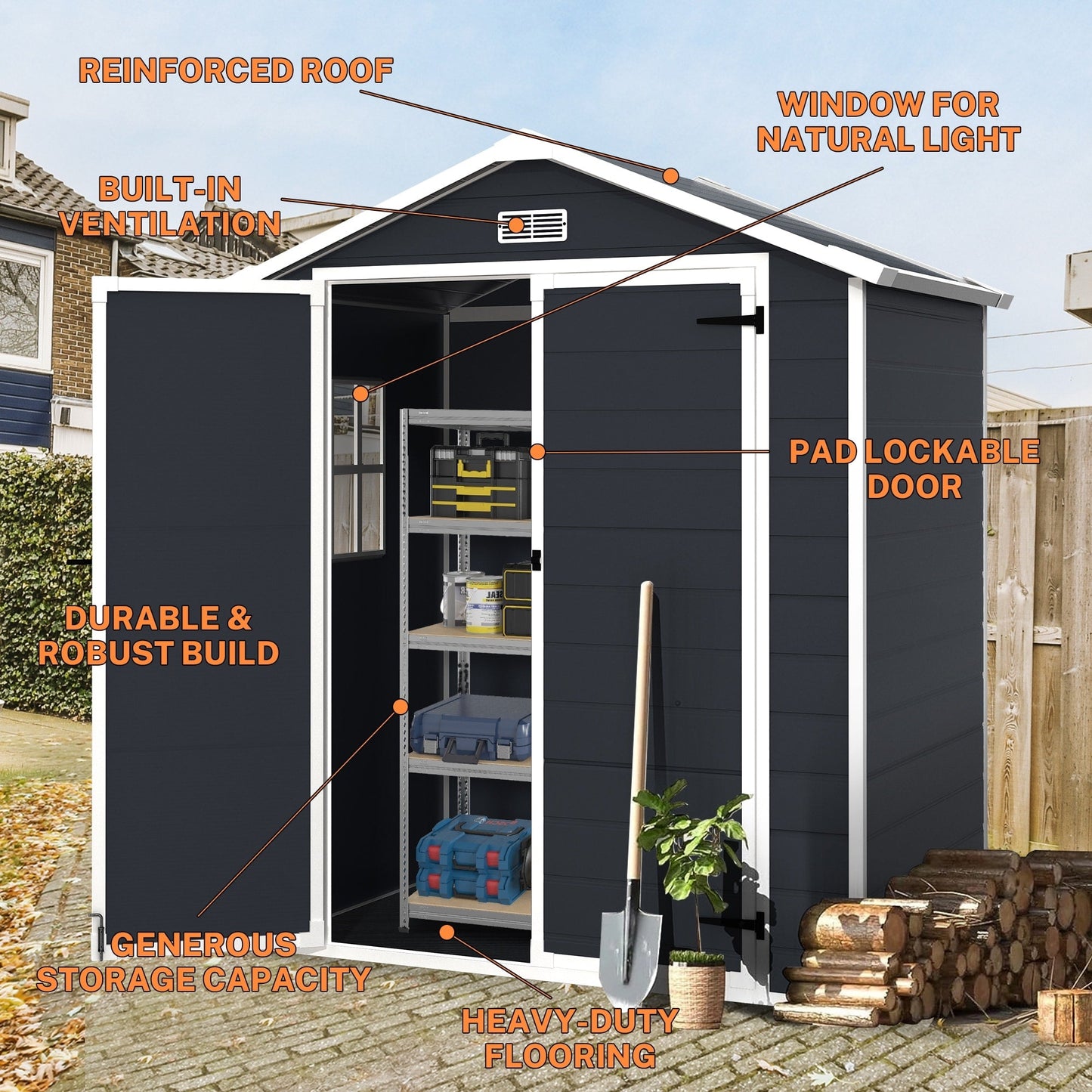Abri de jardin en résine plastique tout temps avec plancher, dimensions : 1,83 m x 1,22 m / 1,83 m x 2,44 m / 2,44 m x 1,83 m / 2,44 m x 3,05 m.