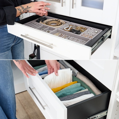 Système de pièce-penderie en forme de L modulaire Florence de Bestar de 95 po avec tringles, tablettes et tiroirs de style Shaker - blanc