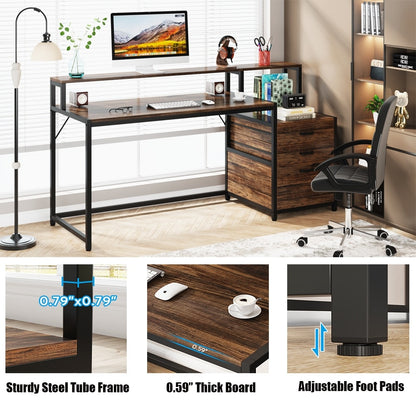 Bureau d'ordinateur 63 avec support pour écran, bureau ergonomique pour bureau à domicile avec tiroirs et classeur