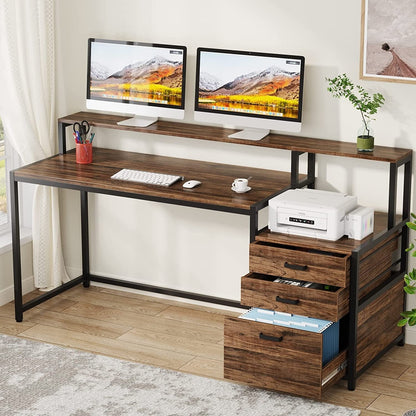 Bureau d'ordinateur 63 avec support pour écran, bureau ergonomique pour bureau à domicile avec tiroirs et classeur