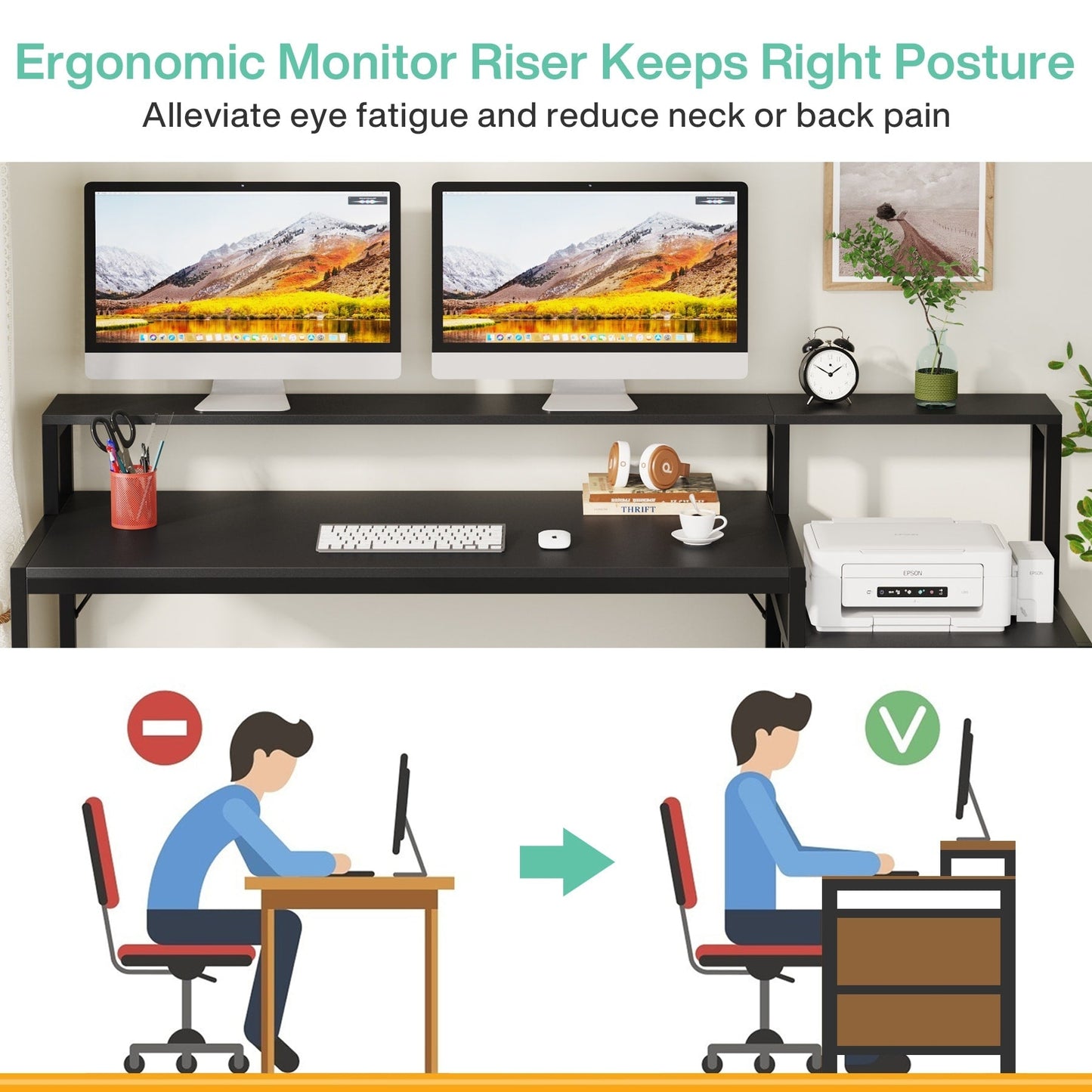 Bureau d'ordinateur 63 avec support pour écran, bureau ergonomique pour bureau à domicile avec tiroirs et classeur