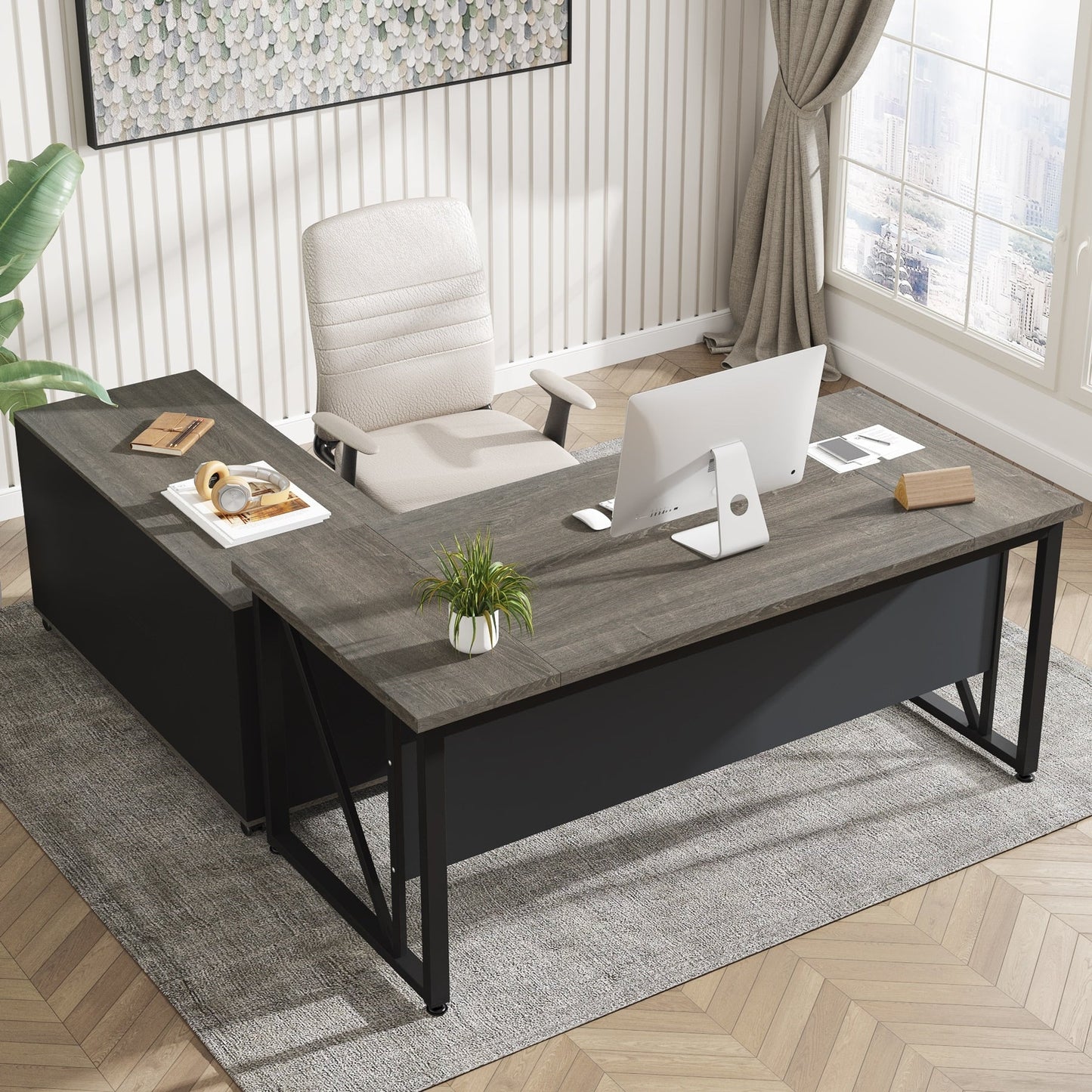 Bureau d'ordinateur en forme de L de 63 pouces avec caisson latéral de 47 pouces, ensemble de bureau de direction pour bureau à domicile