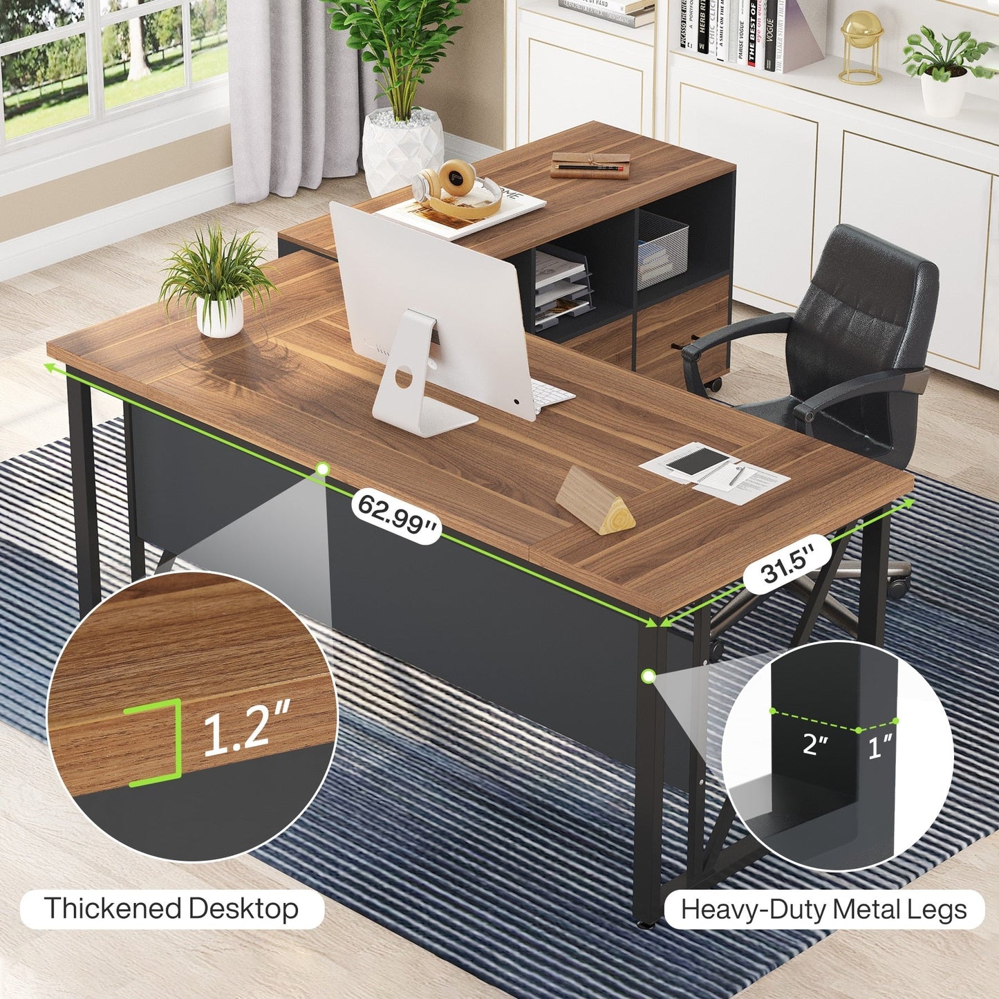 Bureau d'ordinateur en forme de L de 63 pouces avec caisson latéral de 47 pouces, ensemble de bureau de direction pour bureau à domicile