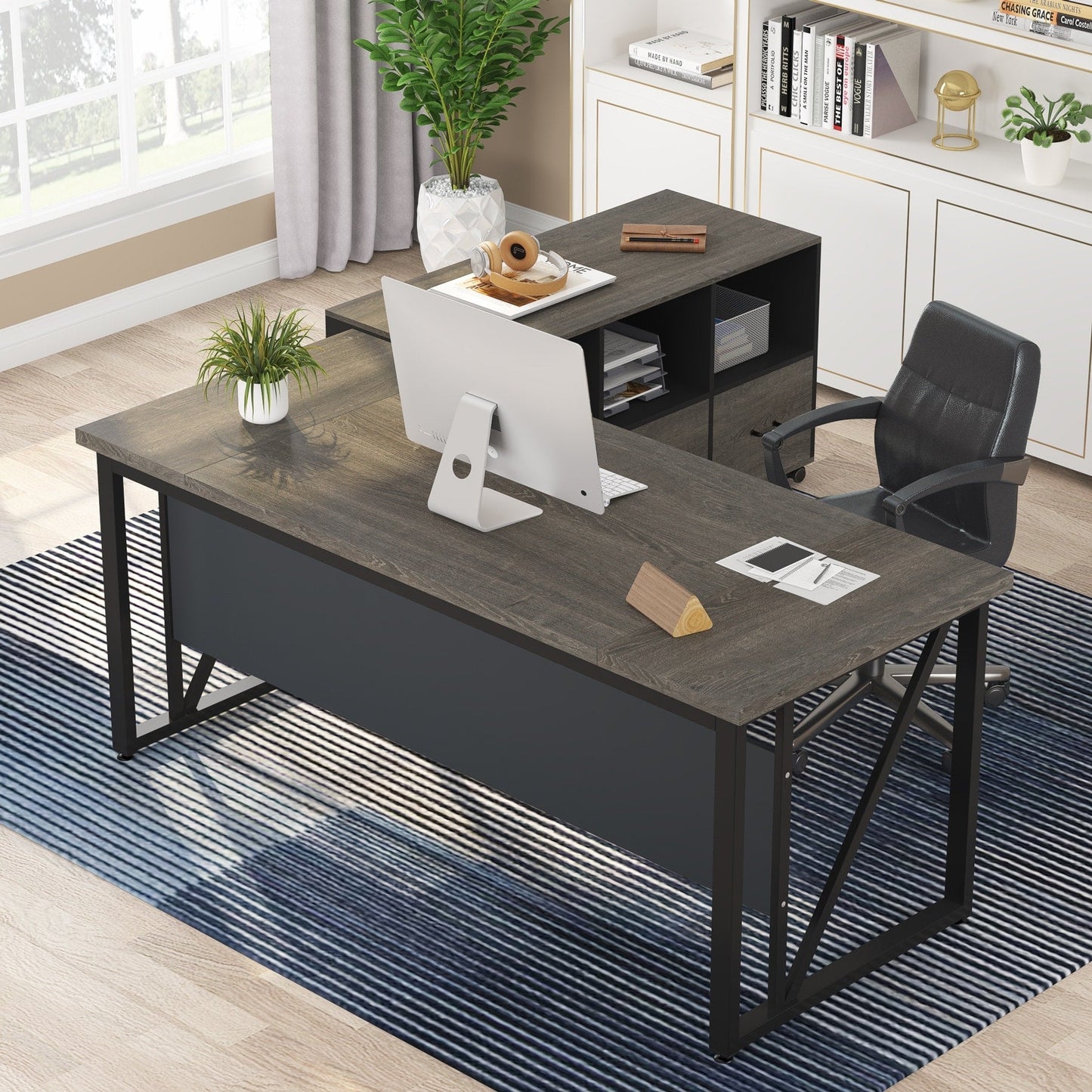 Bureau d'ordinateur en forme de L de 63 pouces avec caisson latéral de 47 pouces, ensemble de bureau de direction pour bureau à domicile