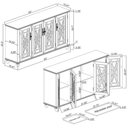 Buffet/meuble d'appoint de cuisine en bois de style vintage - Largeur : 63 pouces