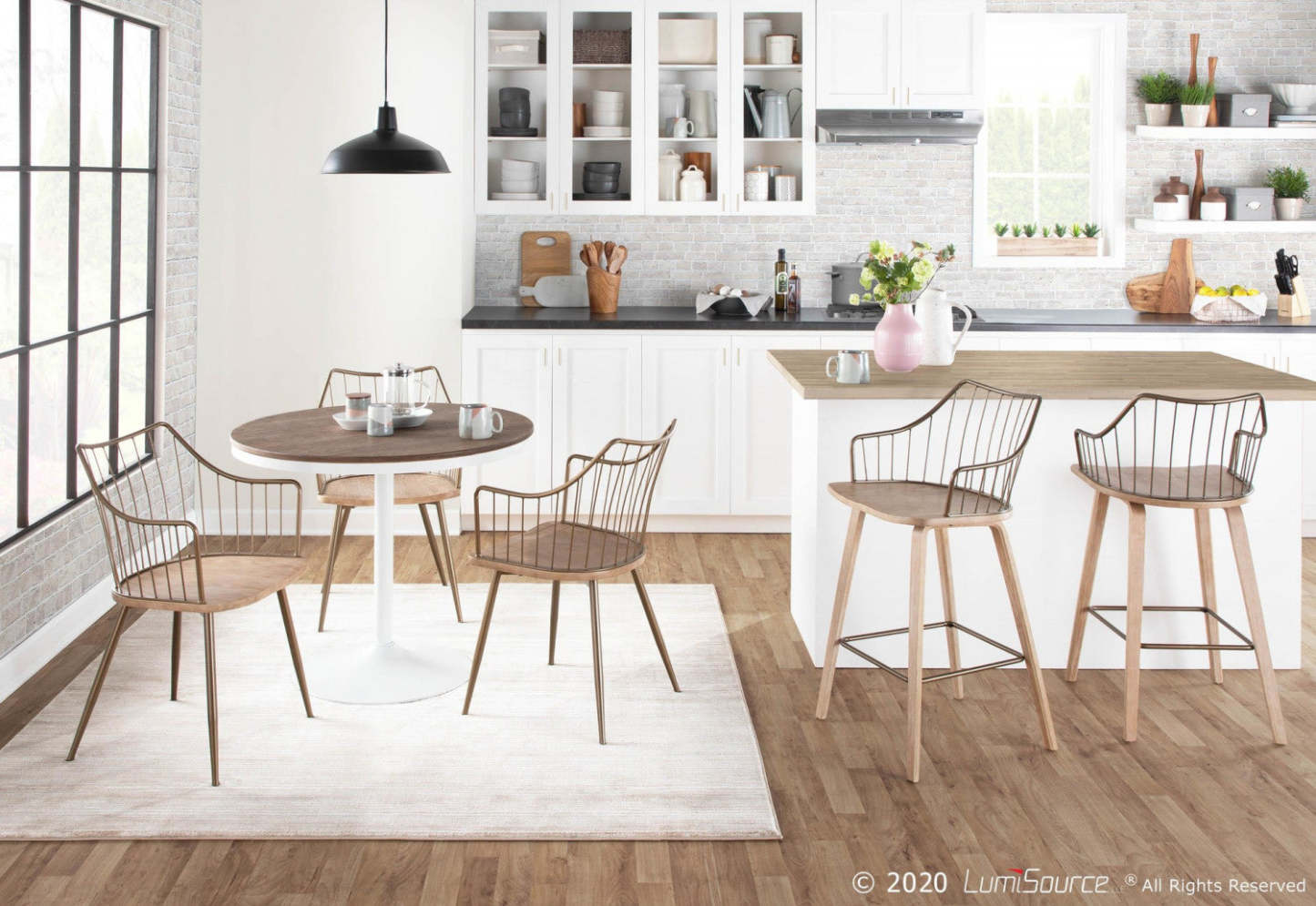 LumiSource Winston Wood Farmhouse Counter-Height Stool - Whitewashed/Antique Copper|Tabouret champêtre Winston de hauteur comptoir en bois - blanchi et cuivre antique