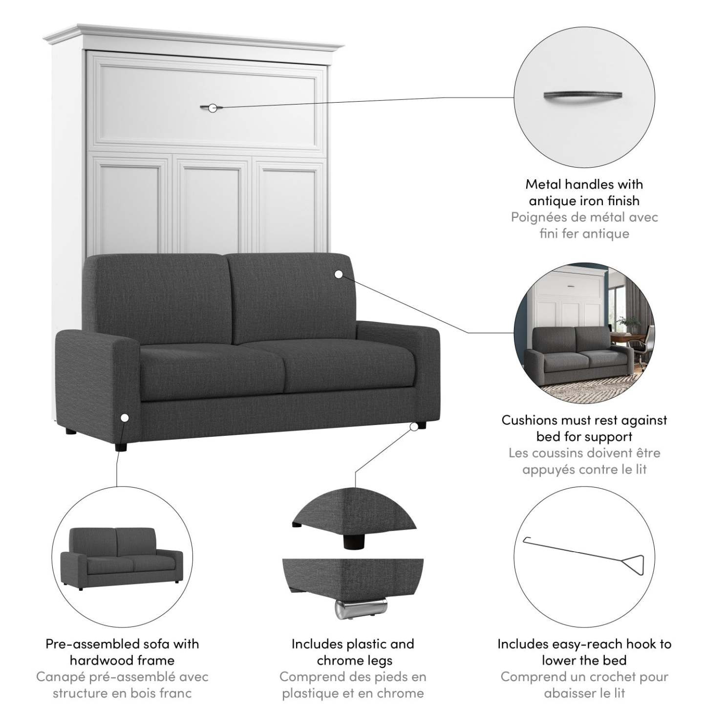 Grand lit escamotable Versatile de Bestar de 78 po (L) avec sofa - blanc