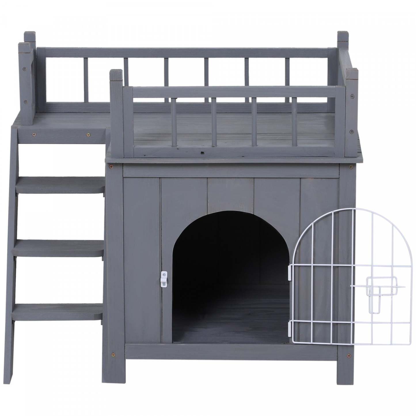 Pawhut Maison Pour Animaux à 2 Niveaux Pour Chats et Chiens Miniatures, Abri en Bois Pour Chat Avec Enclos, Balcon|Pawhut Abri Pour Chats En Bois, Extérieur, simulation Et Surélevé, À Deux Niveaux, Avec Balcon, Gris