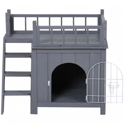 Pawhut Maison Pour Animaux à 2 Niveaux Pour Chats et Chiens Miniatures, Abri en Bois Pour Chat Avec Enclos, Balcon|Pawhut Abri Pour Chats En Bois, Extérieur, simulation Et Surélevé, À Deux Niveaux, Avec Balcon, Gris