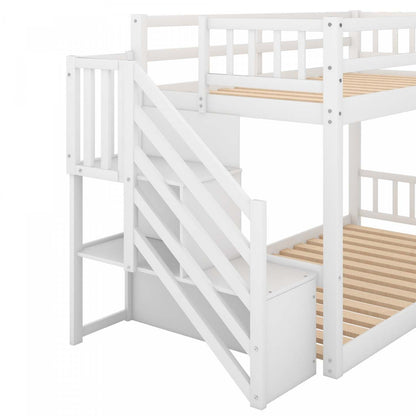 Joanna Lit Superposé Bas En Bois Massif Avec Échelle De Rangement, Design À Faible Hauteur - Blanc | Joanna – Bunk Bed Solid Wood Low Height Design With Storage Ladder - White