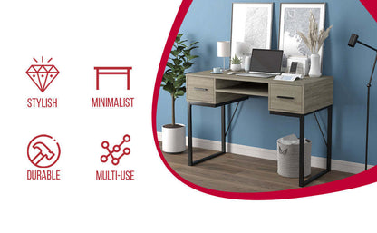 Bureau d'ordinateur 43" avec 2 tiroirs et 1 tablette - Taupe foncé avec base en métal noir | Bureau d'ordinateur de 43 po avec 2 tiroirs et 1 tablette - taupe foncé avec base en métal noir