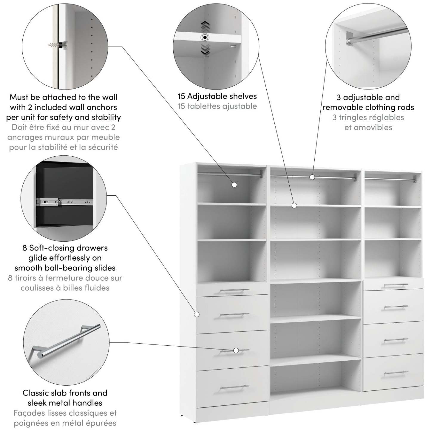 Bestar Florence 85 Système de garde-robe et pièce-penderie modulaire avec rangement - blanc