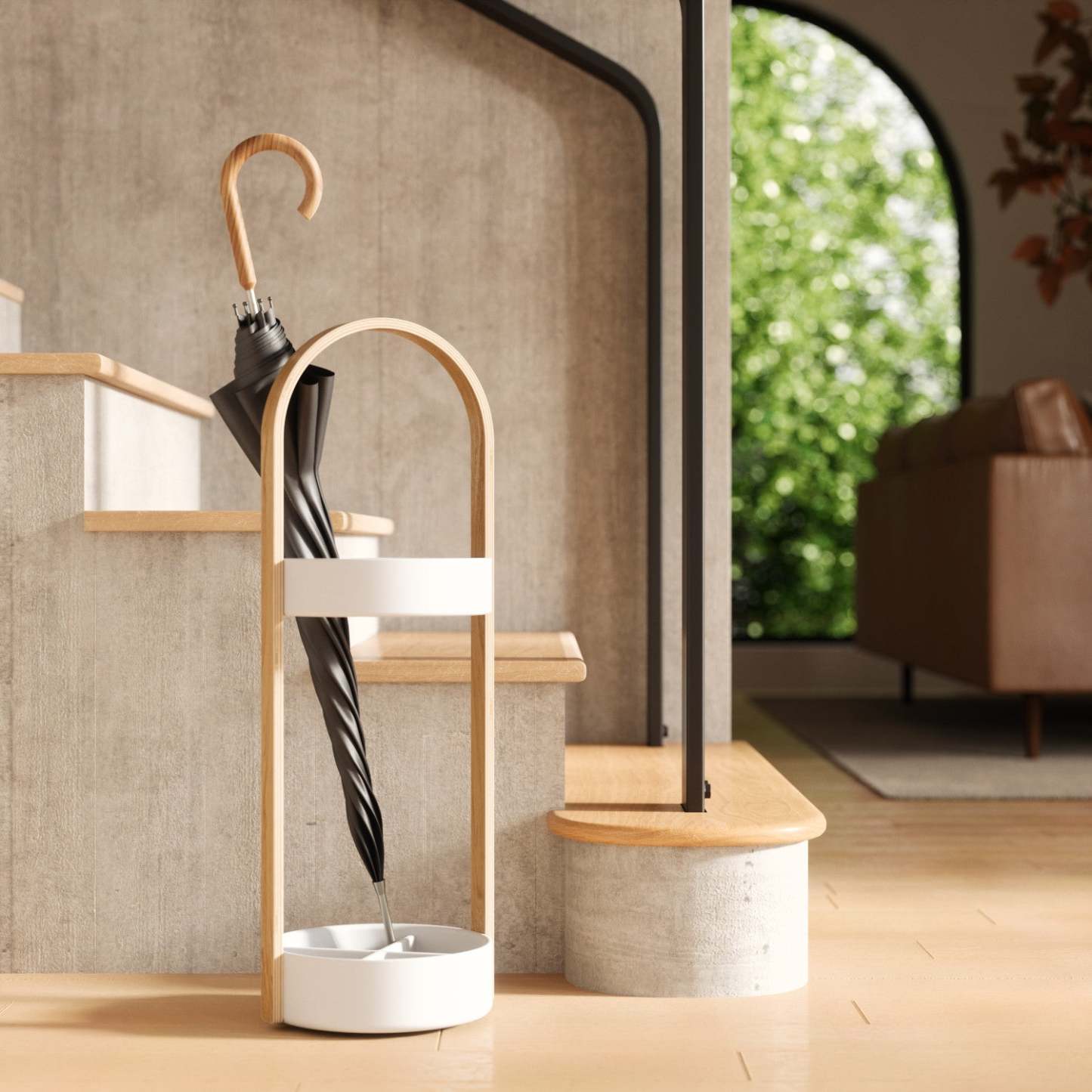Umbra Modern Steel Bellwood Umbrella Stand - White and Natural|Support à parapluie moderne Bellwood de Umbra en acier - blanc et naturel