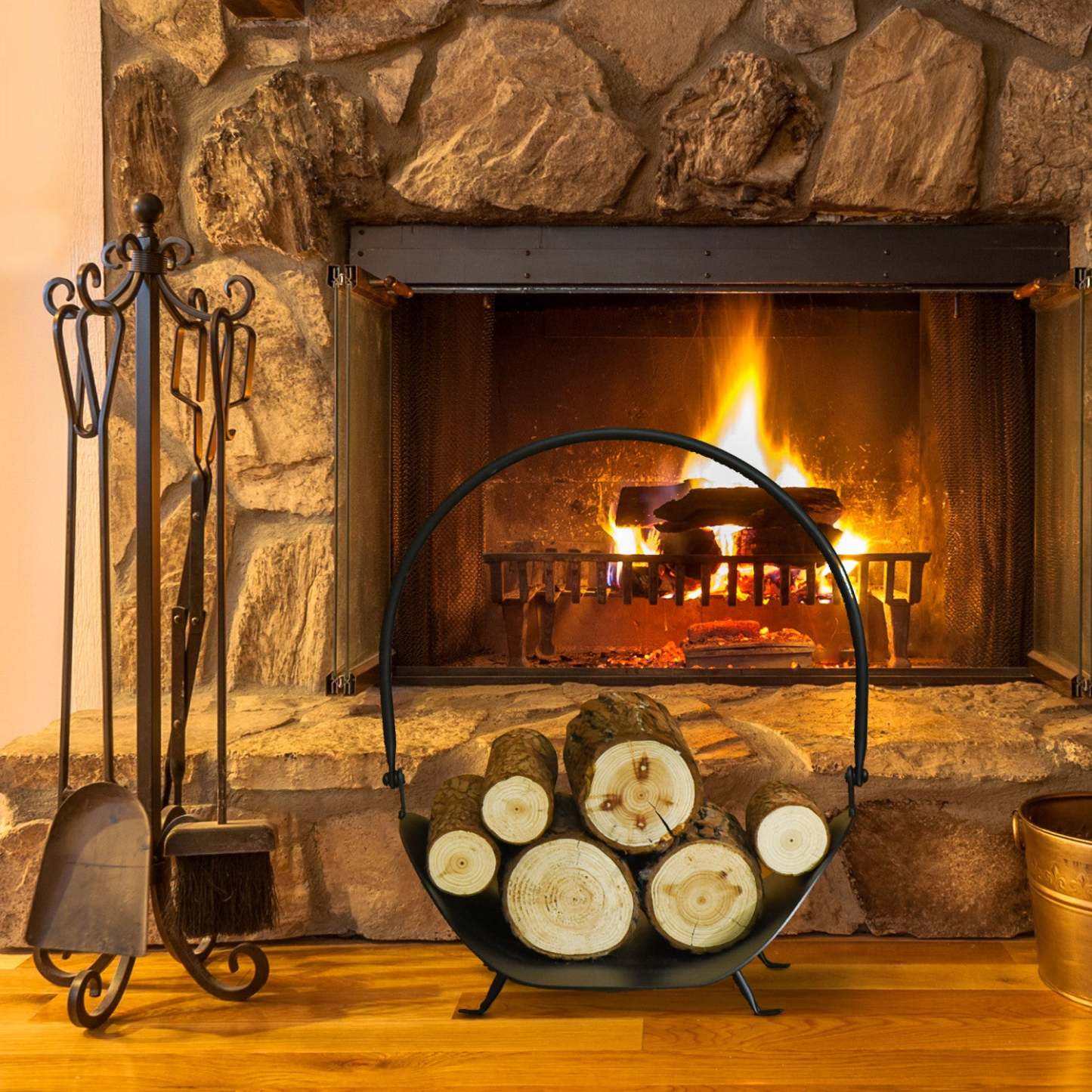 Outsunny 16 Porte-bûches De Bois De Chauffage Porte-bûches De Cheminée Courbé Porte-panier De Rangement En Bois Avec Poignée, |Outsunny 16 Porte-buches De Cheminee Incurve Porte-buches De Cheminee Porte-panier De Rangement En