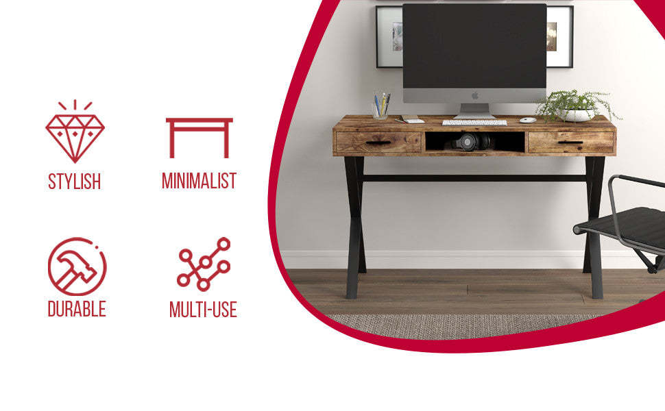 Bureau d’ordinateur de 47 po avec 2 tiroirs et 1 tablette - bois recyclé brun avec métal noir