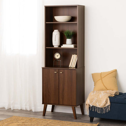 Milo Mid-Century Modern Tall Bookcase with Adjustable Shelves, 2 Doors & Brushed Brass-Finished Knobs - Cherry|Bibliothèque haute moderne du milieu du 20e siècle Milo avec tablettes réglables, 2 portes et poignées au fini laiton brossé - cerisier