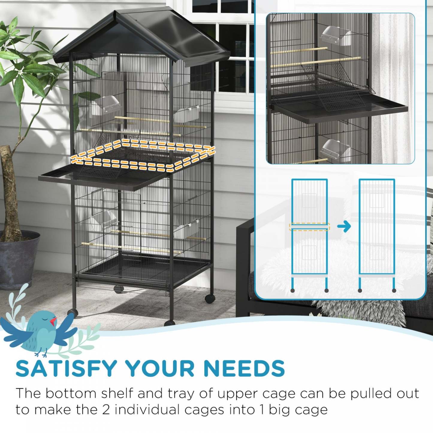 Pawhut Cage A Oiseaux En Metal Forge Avec Support Roulant, Conteneurs Alimentaires Portes Roues 67 H