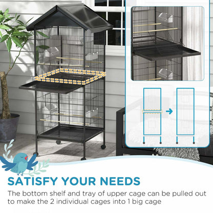 Pawhut Cage A Oiseaux En Metal Forge Avec Support Roulant, Conteneurs Alimentaires Portes Roues 67 H