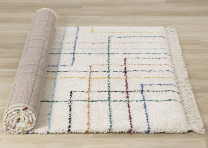 Carpette à poil long Bella avec lignes arc-en-ciel géométrique de style bohème - 5'3 x 7'7
