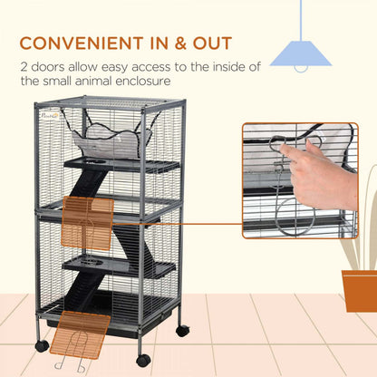 Pawhut Cage à Roulettes 4 Niveaux pour Petits Animaux, Maison de Jeu pour Animaux de Compagnie avec Hamac | Cage Portable pour Petits Animaux avec 2 Portes, Hamac Métal Pp 52 X 52 X 113,5 Cm Gris