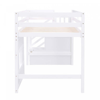 Lit mezzanine simple Martin en bois massif avec escalier de rangement, fenêtre de jeu, lumière LED - Blanc | Martin – Lit Mezzanine Simple En Bois Massif Avec Escaliers De Rangement, Fenetre Ludique Et Eclairage Del – Blanc
