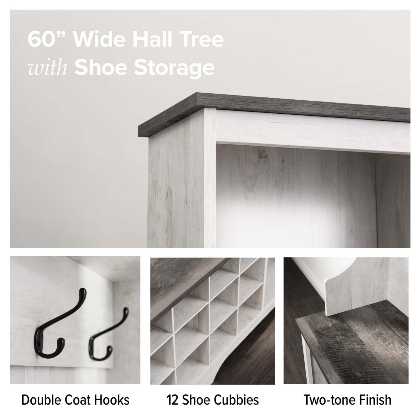 Rustic Ridge Farmhouse Entryway Storage Cabinet with Shoe Cubbies & Coat Hooks - Washed White|Armoire de rangement Rustic Ridge champêtre pour l’entrée avec compartiments pour chaussures et crochets à manteaux - blanc vieilli