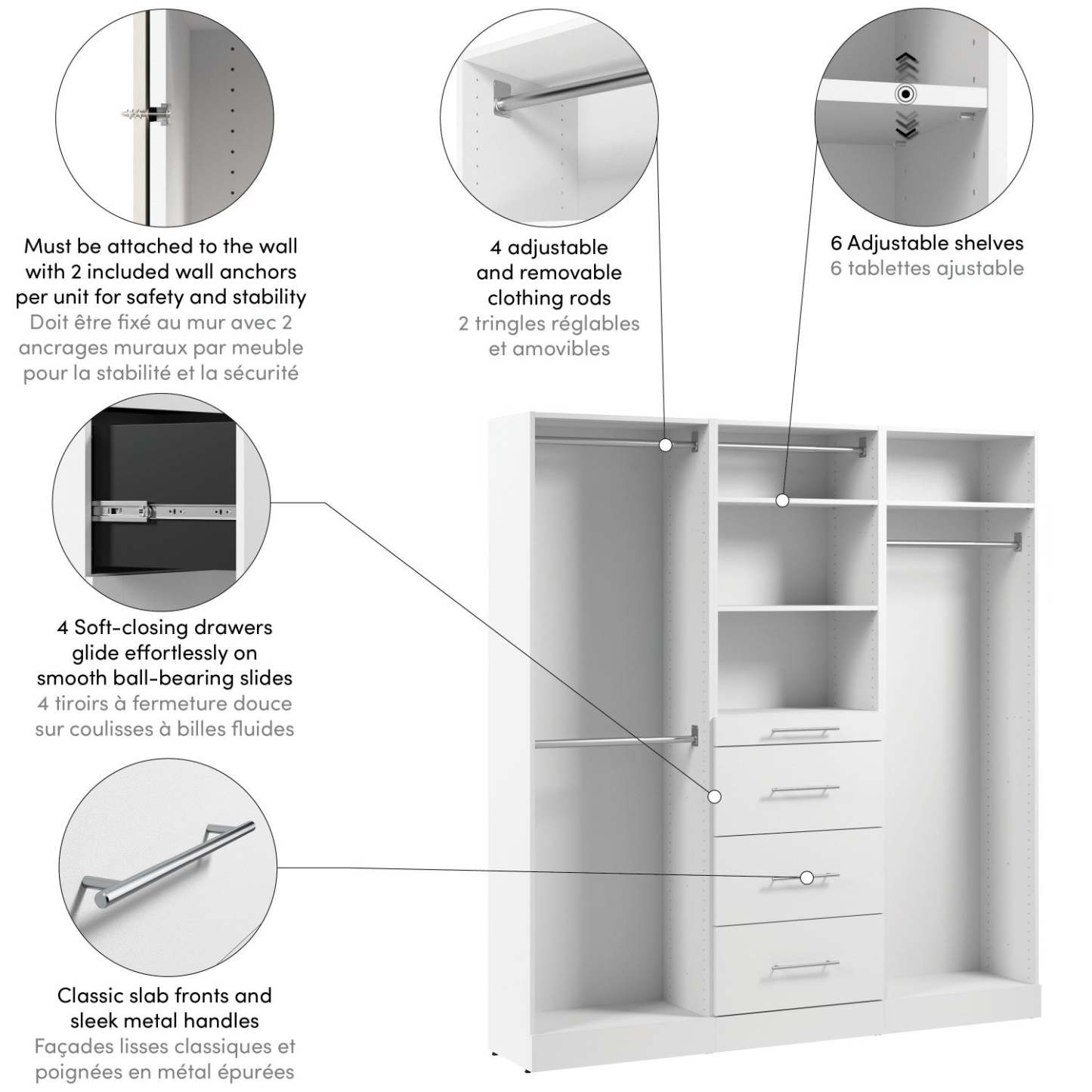 Bestar Florence 74 Système de garde-robe modulaire avec tringles et rangement - blanc