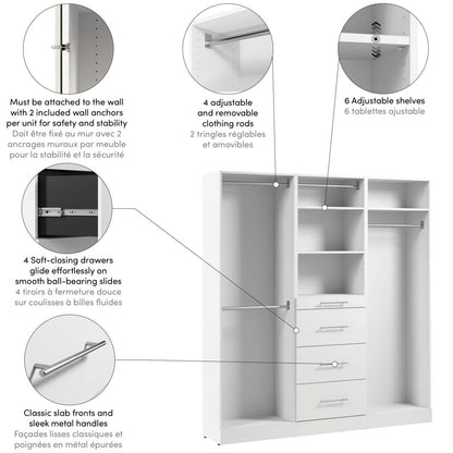 Bestar Florence 74 Système de garde-robe modulaire avec tringles et rangement - blanc