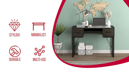 Bureau d'ordinateur 43" avec 2 tiroirs et 1 tablette - Gris foncé avec base en métal noir | Bureau d'ordinateur de 43 po avec 2 tiroirs et 1 tablette - gris foncé avec base en métal noir