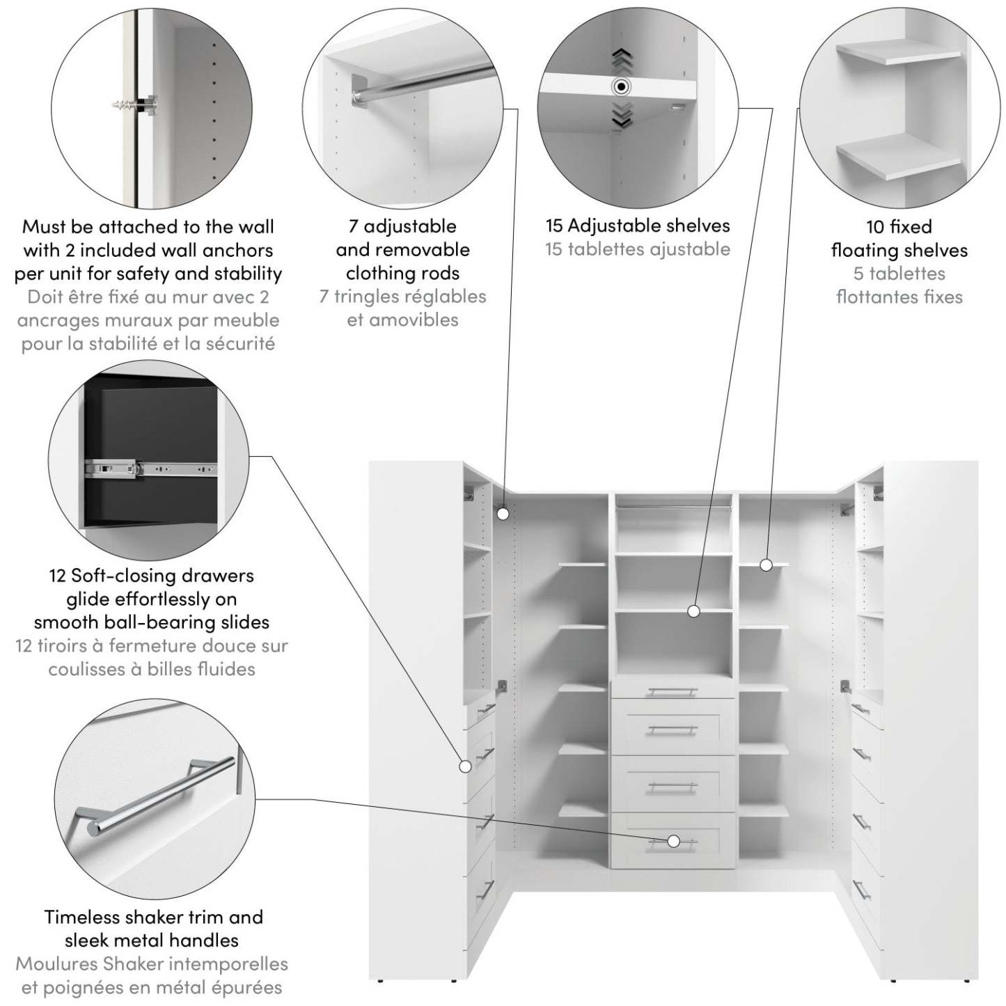 Système de pièce-penderie en forme de U modulaire de style Shaker Florence de Bestar de 94 po avec tringles et rangement - blanc