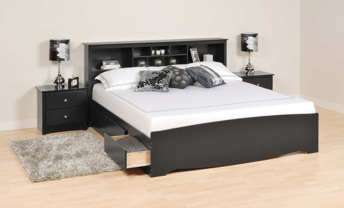 King Bookcase Headboard - Black|Tête de lit bibliothèque pour très grand lit - noire