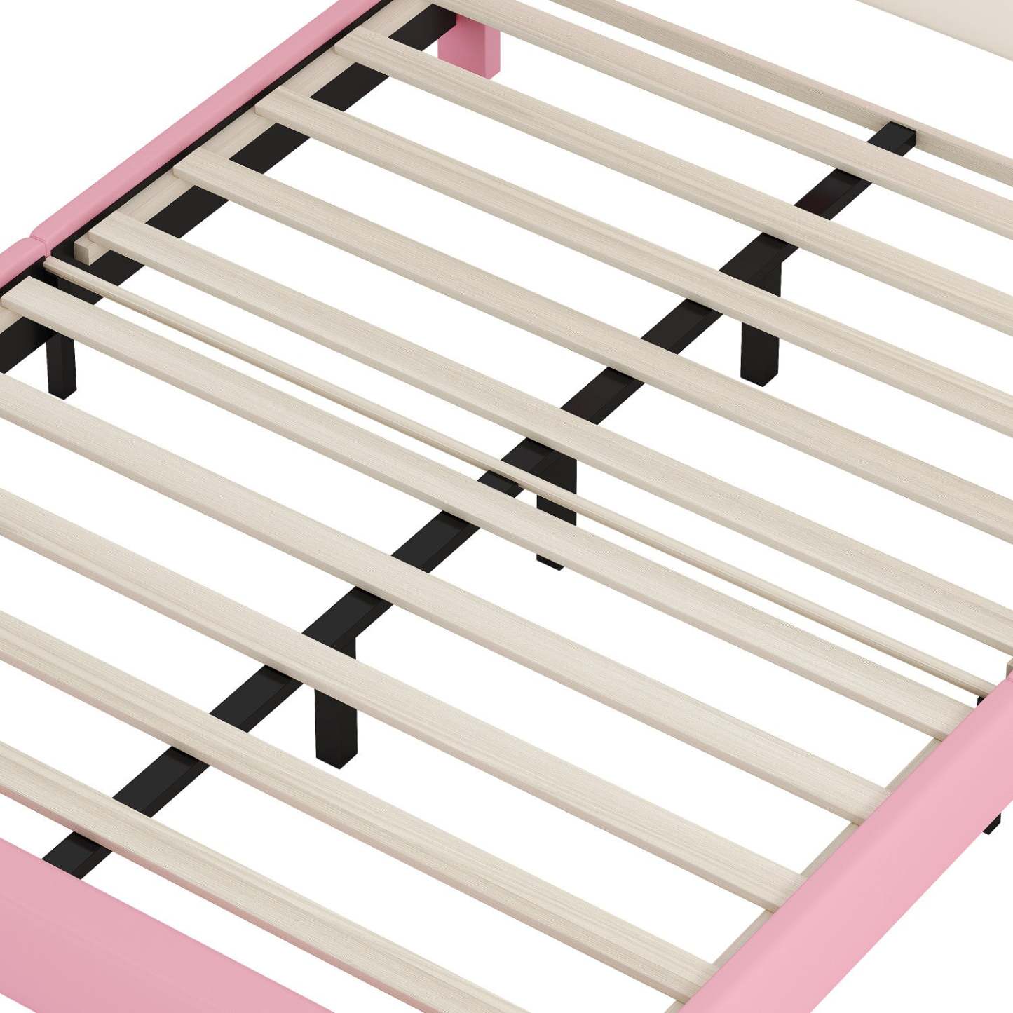 Lit princesse rembourré Judson avec tête de lit couronne et cadre plateforme en PU, pleine taille, lit double rose | Lit Princesse Judson Tapisse Avec Tête De Lit En Forme De Couronne Et Cadre Plateforme En Pu, Taille Full, Rose