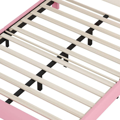 Lit princesse rembourré Judson avec tête de lit couronne et cadre plateforme en PU, pleine taille, lit double rose | Lit Princesse Judson Tapisse Avec Tête De Lit En Forme De Couronne Et Cadre Plateforme En Pu, Taille Full, Rose