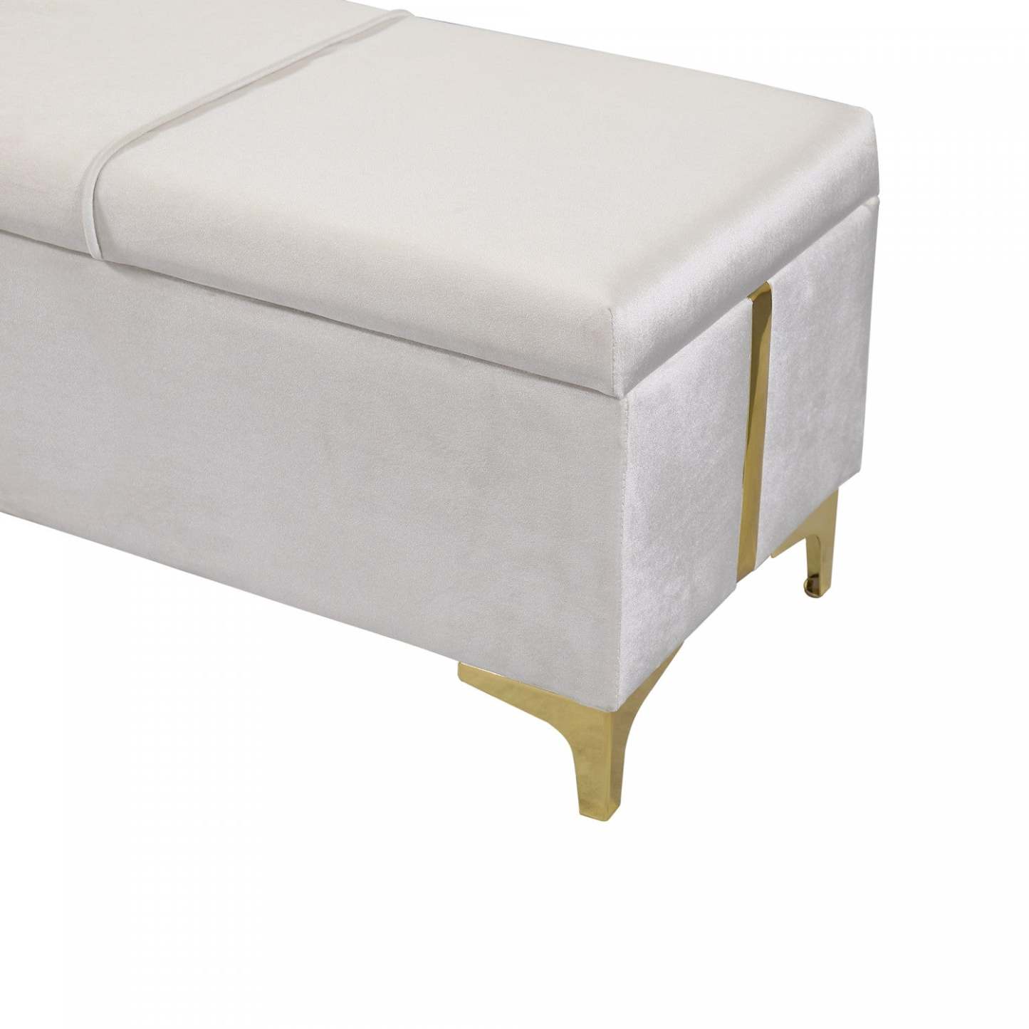 Banc ottoman de rangement rembourré en velours doux Tony avec pieds en métal, beige | Banc Coffre De Rangement Tony En Velours Doux Avec Pieds Métalliques, Beige